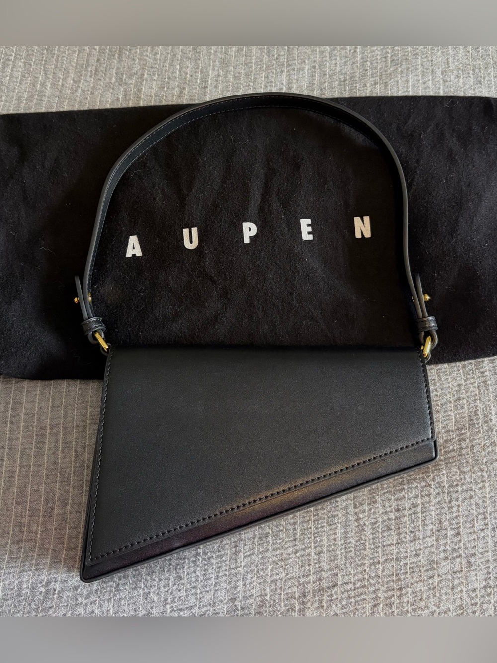 Aupen Black Asymmetrical Vegan Leather Shoulder Bag